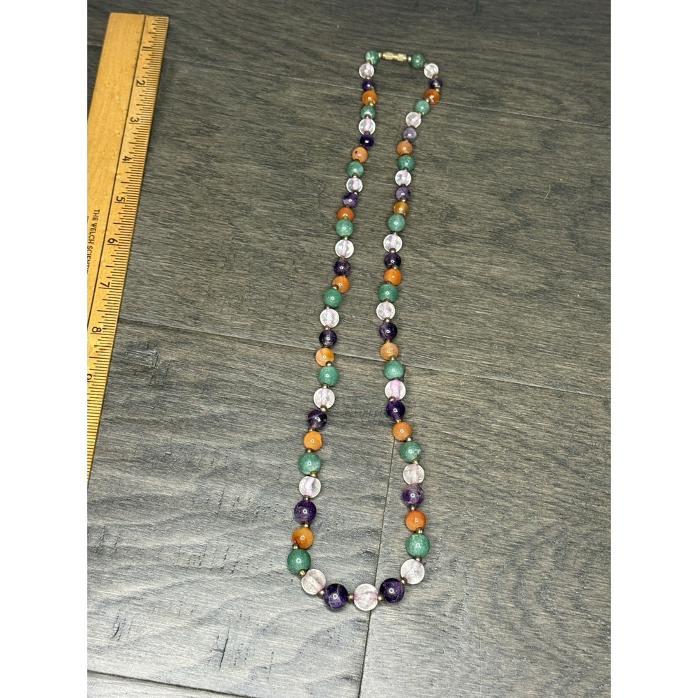 Vintage Gemstone Necklace Amethyst Agate And Aventurine Round Beads 24"